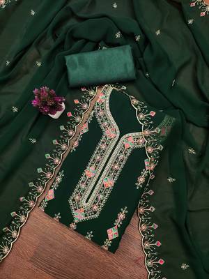 Women's green heavy thread embroidered georgette dress material 3