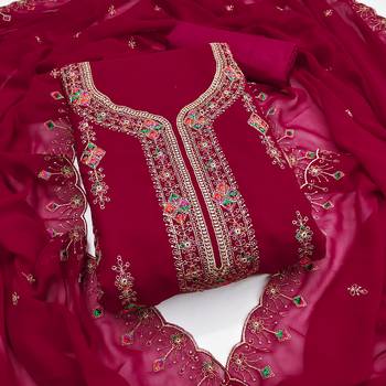 Women's pink heavy thread embroidered georgette dress material 1