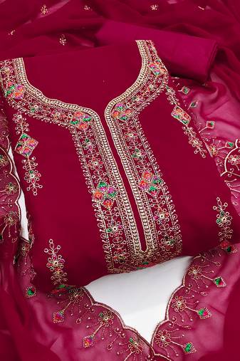 Women's pink unstitched heavy thread embroidered georgette dress material 