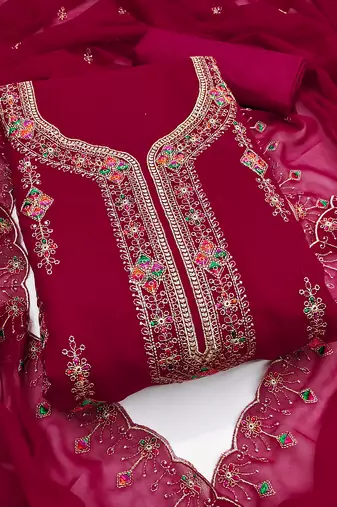 Women's pink unstitched heavy thread embroidered georgette dress material 