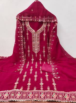 Women's pink heavy thread embroidered georgette dress material 2