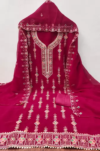 Women's pink heavy thread embroidered georgette dress material