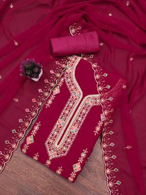Women's pink heavy thread embroidered georgette dress material 3