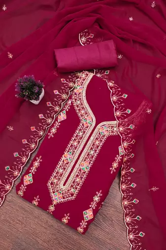 Women's pink heavy thread embroidered georgette dress material