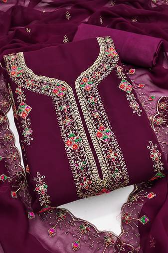 Women's purple unstitched heavy thread embroidered georgette dress material 