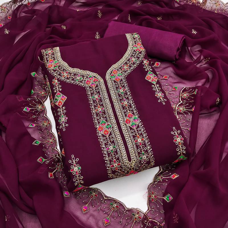 Women's purple unstitched heavy thread embroidered georgette dress material 