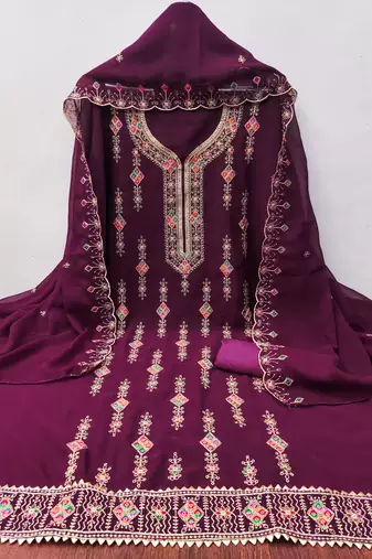 Women's purple heavy thread embroidered georgette dress material