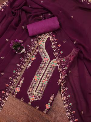 Women's purple heavy thread embroidered georgette dress material 3