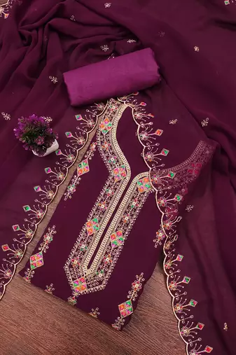 Women's purple heavy thread embroidered georgette dress material