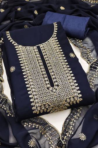 Women's blue unstitched heavy thread embroidered georgette dress material 