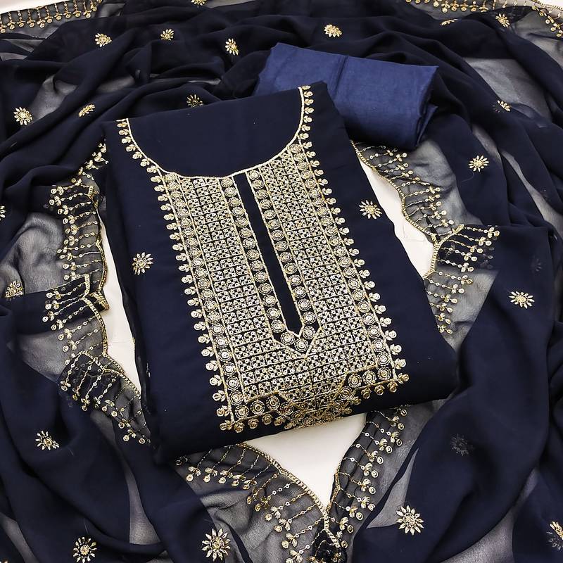Women's blue unstitched heavy thread embroidered georgette dress material 