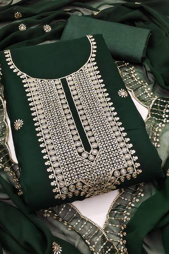Women's green unstitched heavy thread embroidered georgette dress material 