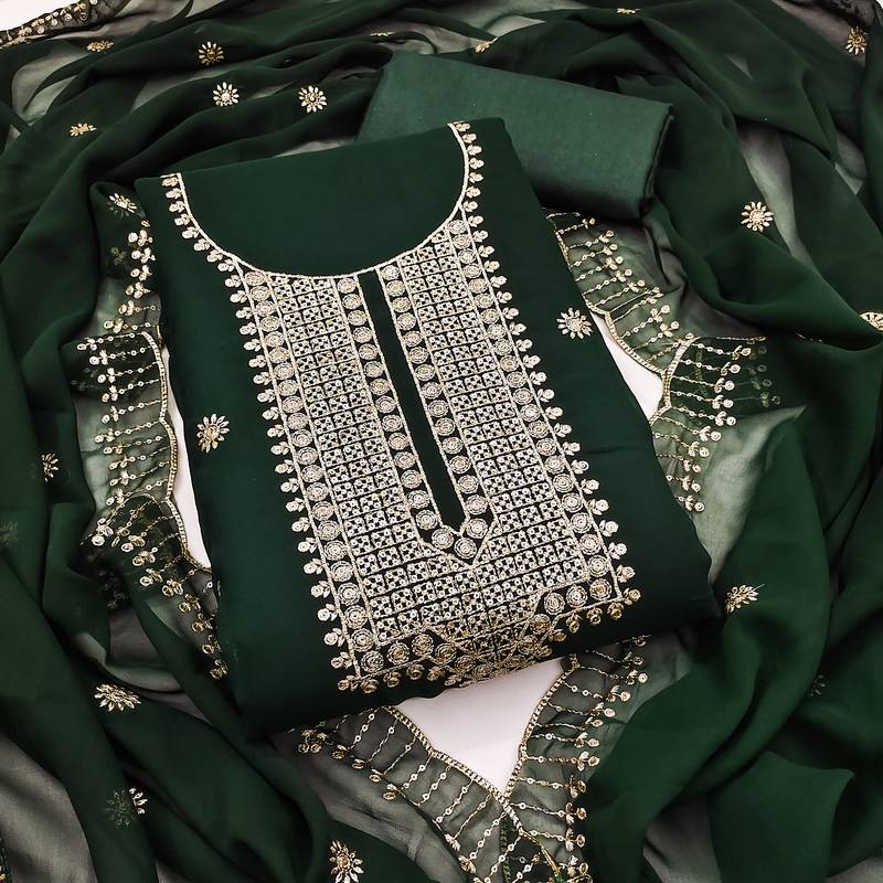 Women's green unstitched heavy thread embroidered georgette dress material 
