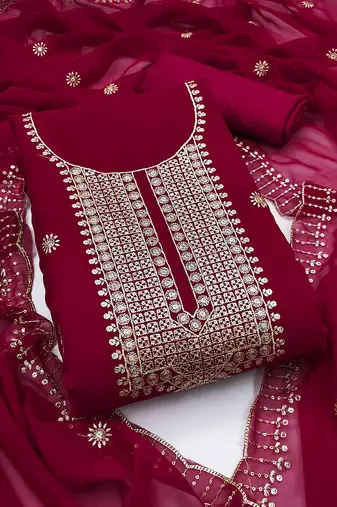 Women's pink unstitched heavy thread embroidered georgette dress material 