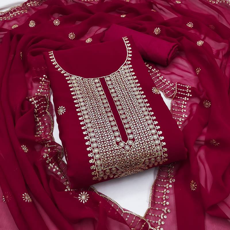 Women's pink unstitched heavy thread embroidered georgette dress material 