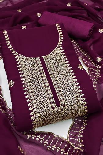 Women's purple unstitched heavy thread embroidered georgette dress material 