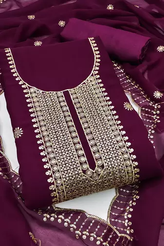Women's purple unstitched heavy thread embroidered georgette dress material 