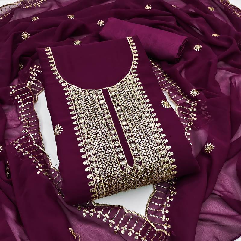 Women's purple unstitched heavy thread embroidered georgette dress material 