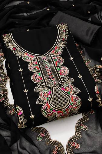 Women's black unstitched heavy thread embroidered georgette dress material 