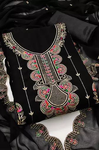 Women's black unstitched heavy thread embroidered georgette dress material 