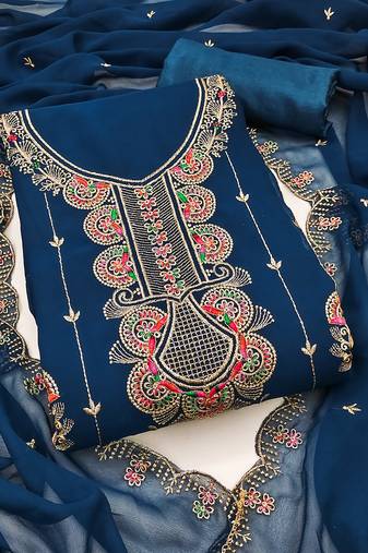 Women's blue unstitched heavy thread embroidered georgette dress material 