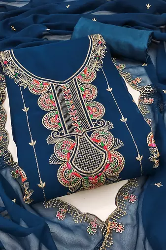 Women's blue unstitched heavy thread embroidered georgette dress material 