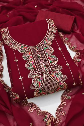 Women's maroon unstitched heavy thread embroidered georgette dress material 