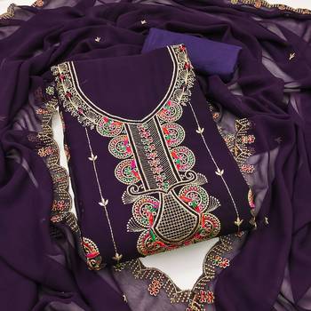 Women's purple heavy thread embroidered georgette dress material 1