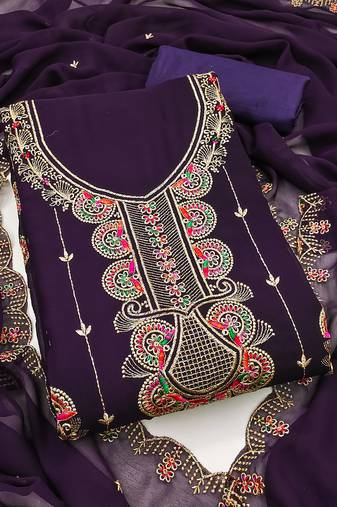 Women's purple unstitched heavy thread embroidered georgette dress material 