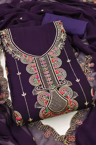 Women's purple unstitched heavy thread embroidered georgette dress material 