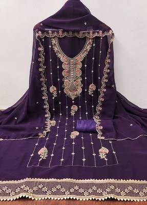 Women's purple heavy thread embroidered georgette dress material 2