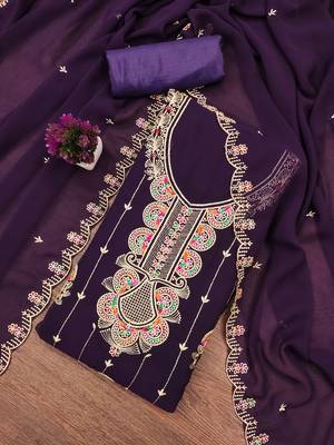 Women's purple heavy thread embroidered georgette dress material 3
