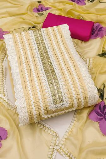 Women's pastel yellow unstitched print & heavy handwork pure cotton silk dress material 