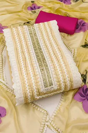 Women's pastel yellow unstitched print & heavy handwork pure cotton silk dress material 