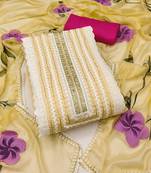 Women's pastel yellow unstitched print & heavy handwork pure cotton silk dress material