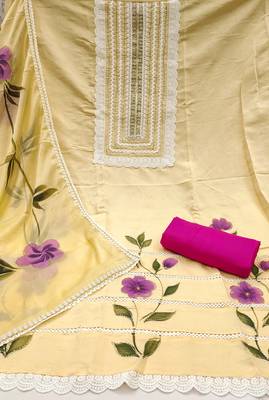 Women's pastel yellow print & heavy handwork pure cotton silk dress material 2