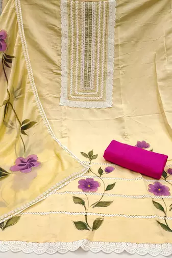 Women's pastel yellow print & heavy handwork pure cotton silk dress material