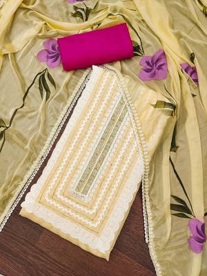 Women's pastel yellow print & heavy handwork pure cotton silk dress material 3