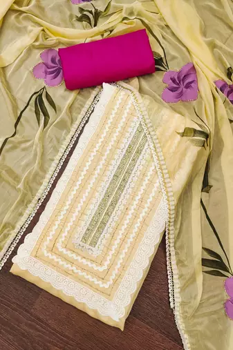 Women's pastel yellow print & heavy handwork pure cotton silk dress material