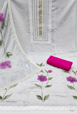 Women's light grey print & heavy handwork pure cotton silk dress material 2