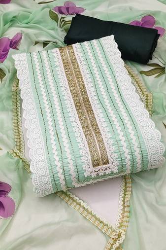 Women's light green unstitched print & heavy handwork pure cotton silk dress material 
