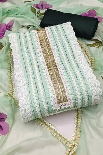 Women's light green unstitched print & heavy handwork pure cotton silk dress material 