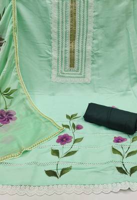 Women's light green print & heavy handwork pure cotton silk dress material 2