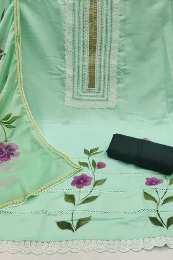 Women's light green print & heavy handwork pure cotton silk dress material