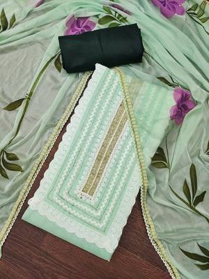 Women's light green print & heavy handwork pure cotton silk dress material 3