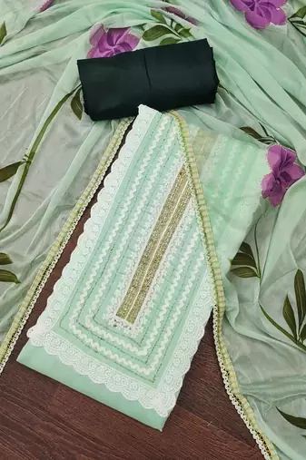 Women's light green print & heavy handwork pure cotton silk dress material