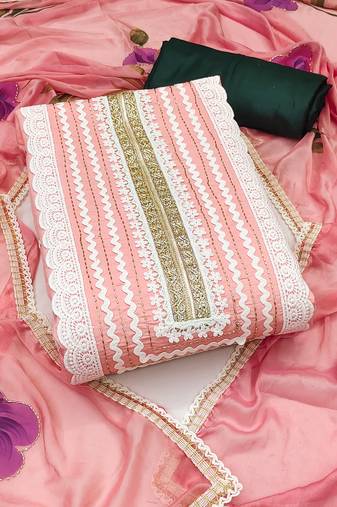 Women's peach unstitched print & heavy handwork pure cotton silk dress material 