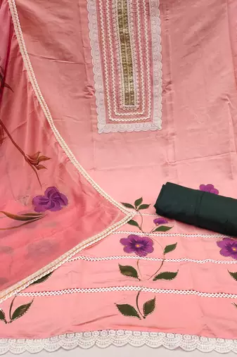 Women's peach print & heavy handwork pure cotton silk dress material