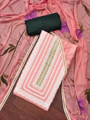 Women's peach print & heavy handwork pure cotton silk dress material 3