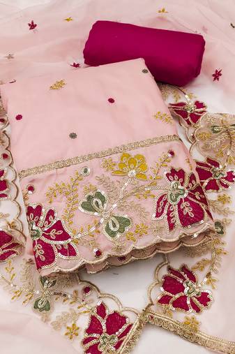 Women's peach unstitched heavy thread embroidered viscose organja dress material 